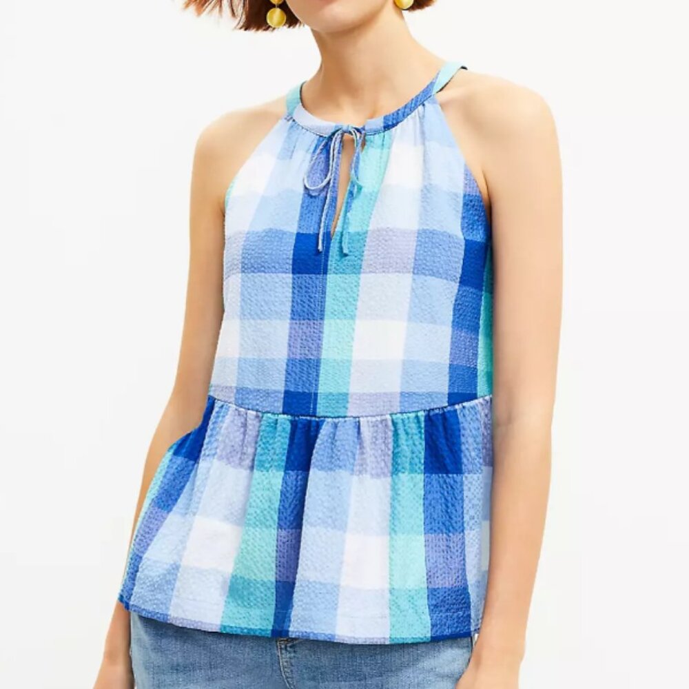LOFT Peplum Halter Tank Top | XS | Textured, Tie Neck, Bold Plaid, Blue White